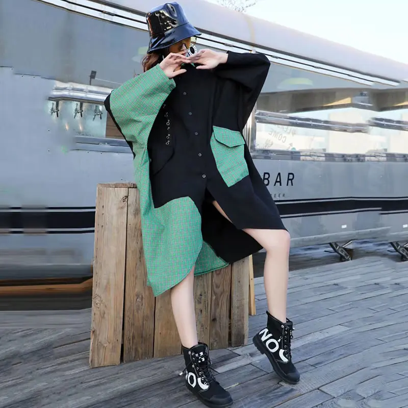 Женское асимметричное платье XITAO однобортное в клетку с длинным рукавом одежда