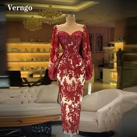 verngo stuning burgundy lace applique evening dresses long sleeves sweetheart sheath women tea length celebrity prom dress