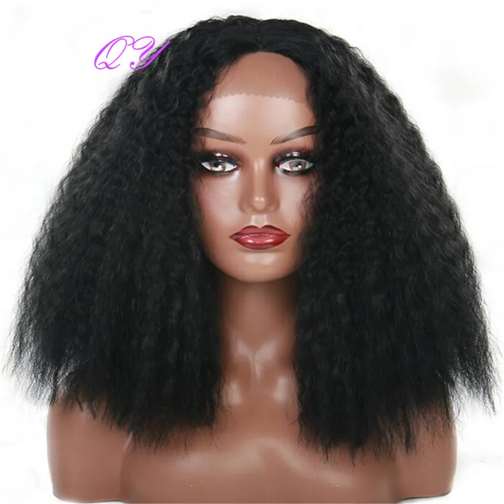 

QY синтетический кудрявый кружевной парик афро кудрявые парики для черных женщин средней части черный натуральный парик