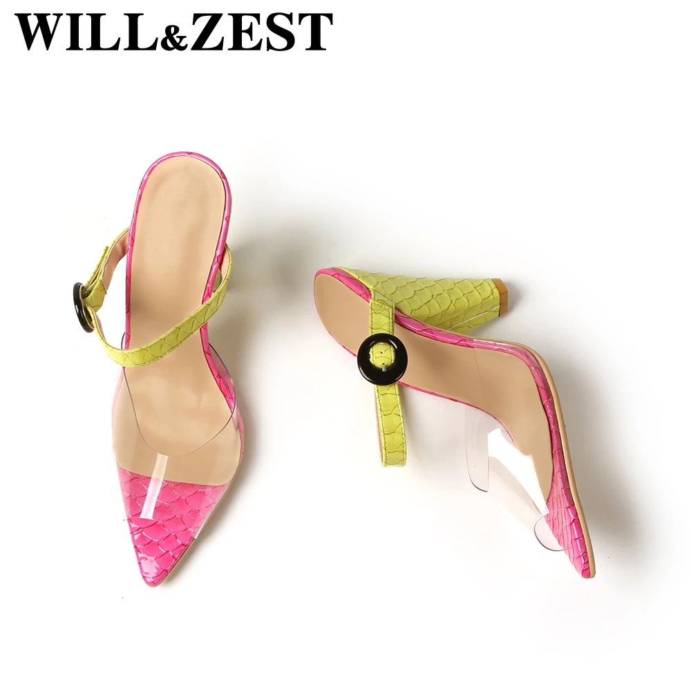 

WILL&ZEST Sandals Women High Heels Snake Print Slippers Clear Jelly Plus Size Peep Toe Pink Rainbow Iridescent Slides Neon Shoes