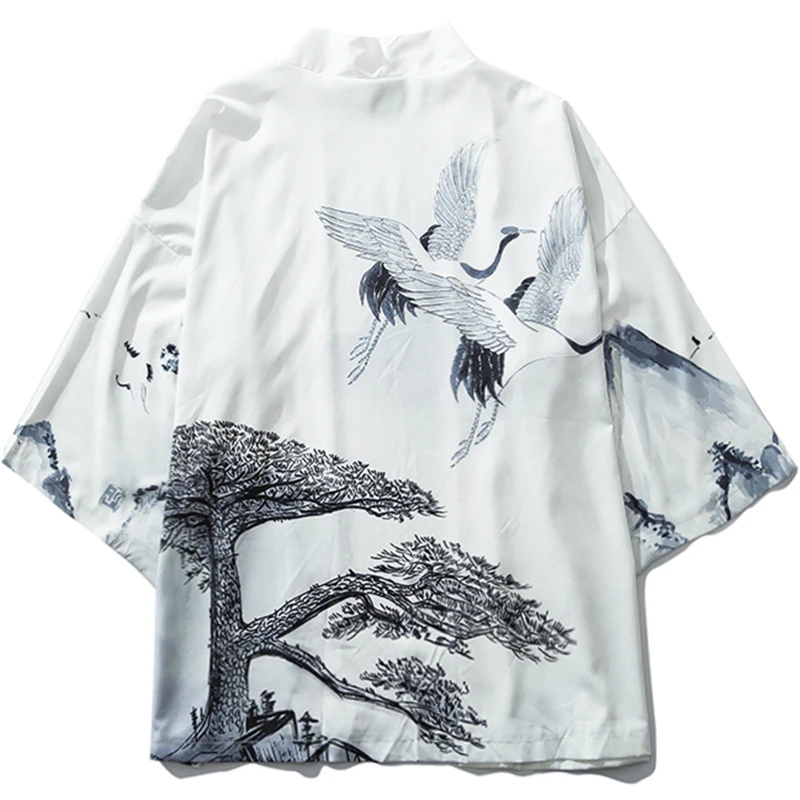 

Japanese Traditional Clothing Crane Chinese Style Kimono Dress Shirts Women Samurai Haori Hombre Yukata Man Cardigan Shirt Robe