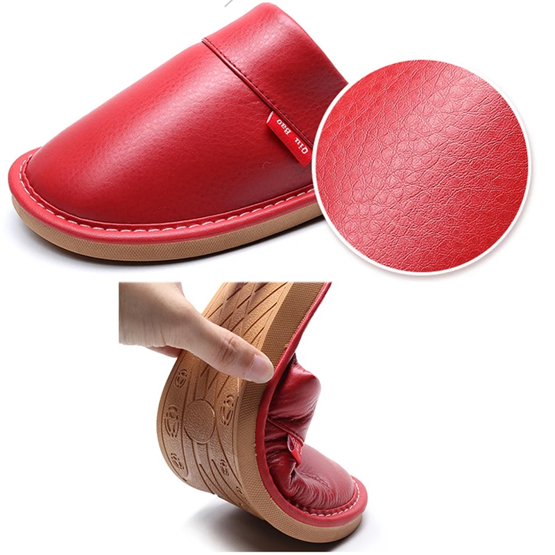 Women's Slippers home shoes 2020 New Winter Ladies Non Slip PU Leather Indoor Slippers for woman Windproof Designer family