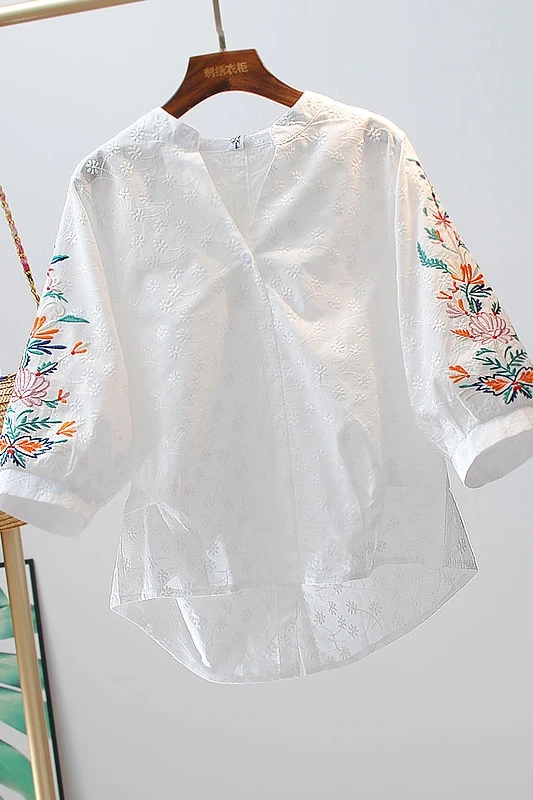 

VANOVICH V Collar Cotton Women Blouses Embroidered 2021 New Summer Sunscreen Wild Casual Fashion Women Clothing