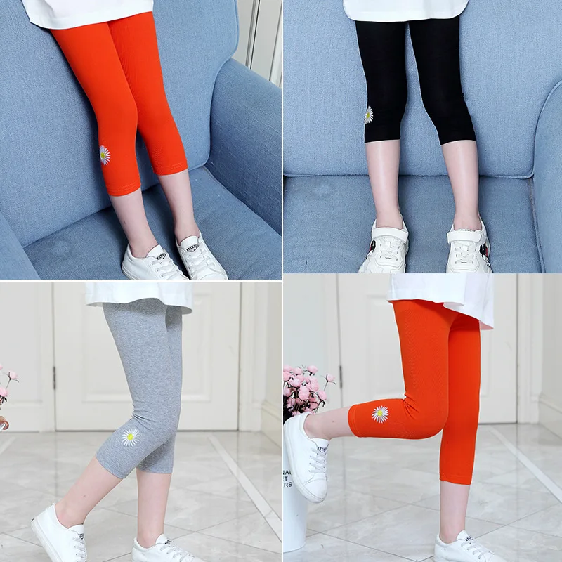 

Jxysy girls' clothes 2020 summer new comfortable Capris Leggings pure cotton pants embroidered Daisy girls' elastic pants