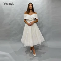 verngo glitter a line wedding dresses tea length off the shoulder short sleeves bride party dress robe de mariage plus size