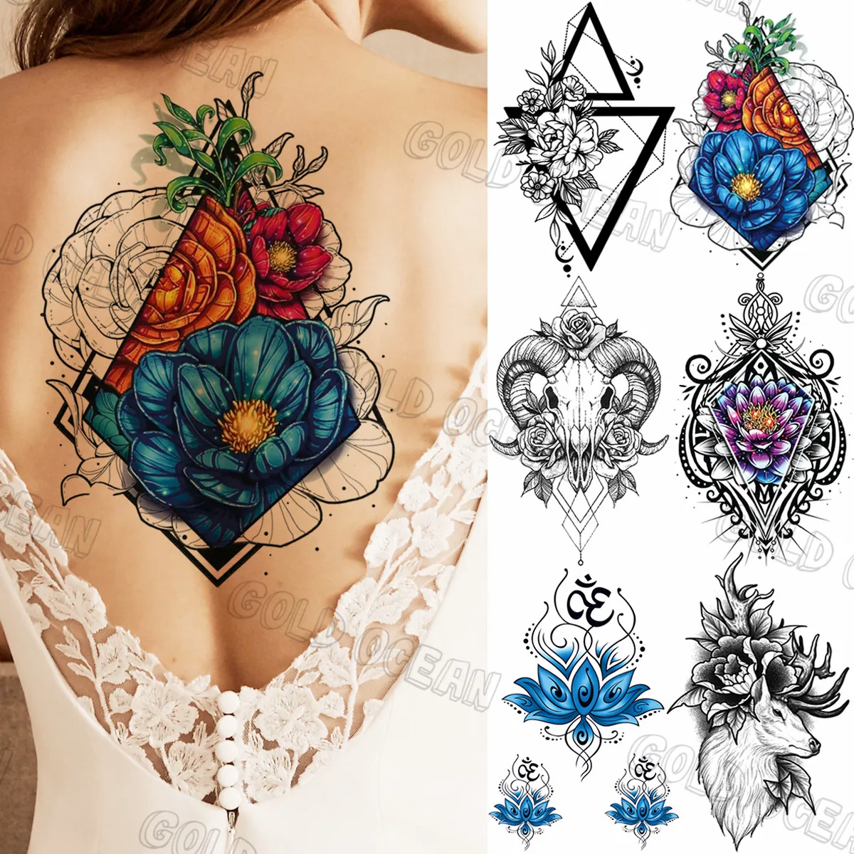 

Summer Style Geometric Flower Temporary Tattoos For Women Girls Realistic Lotus Elk Fake Tattoo Sticker Sexy Back Body Tatoos
