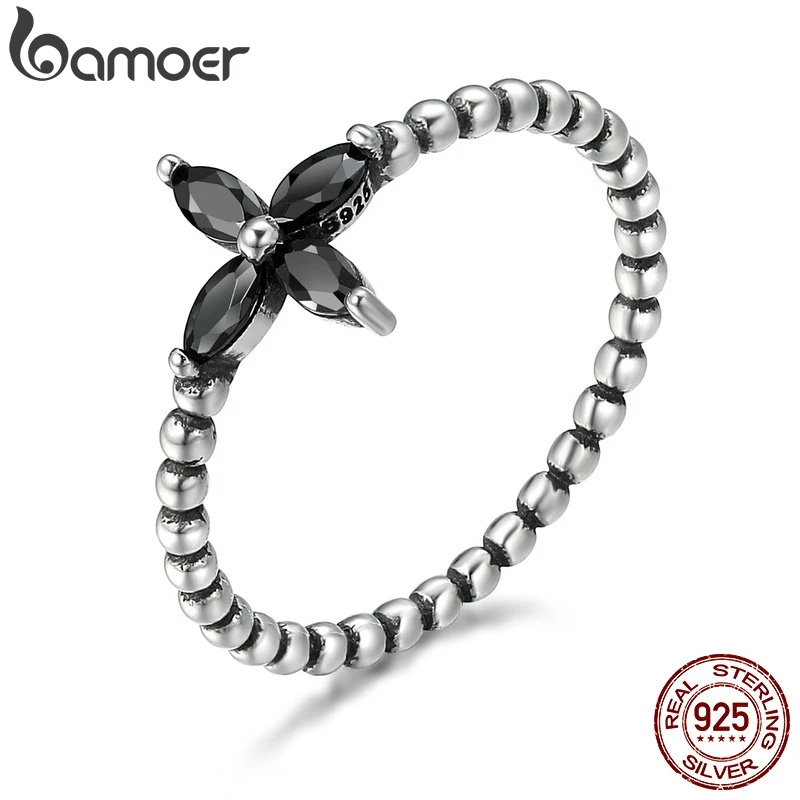 BAMOER 925 пробы серебро современный модный цветок прозрачный черный CZ палец кольца для женщин Стерлинговое серебро ювелирные изделия SCR137