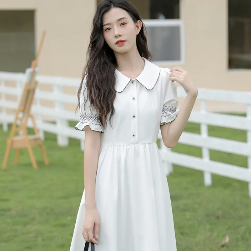 

French First Love Sweet Long A-line Tea Break Skirt Female Summer White Doll Collar Puff Sleeve Dress High Waist New