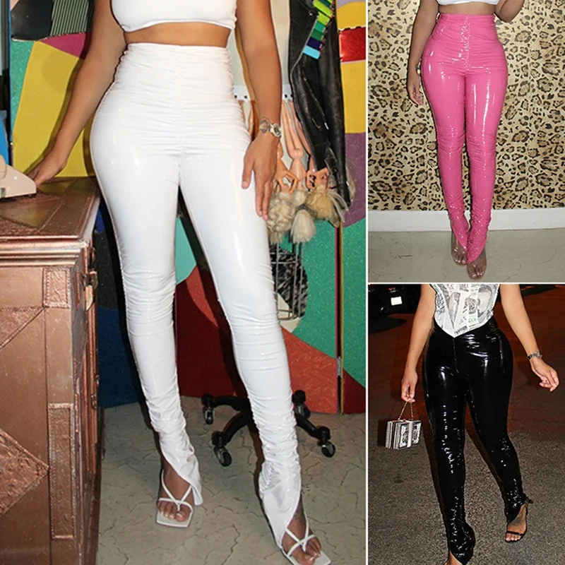 

Women'S Sexy Slim Fashion Mirror Personality Pleated Pu Leather Pants Split Leg Trousers