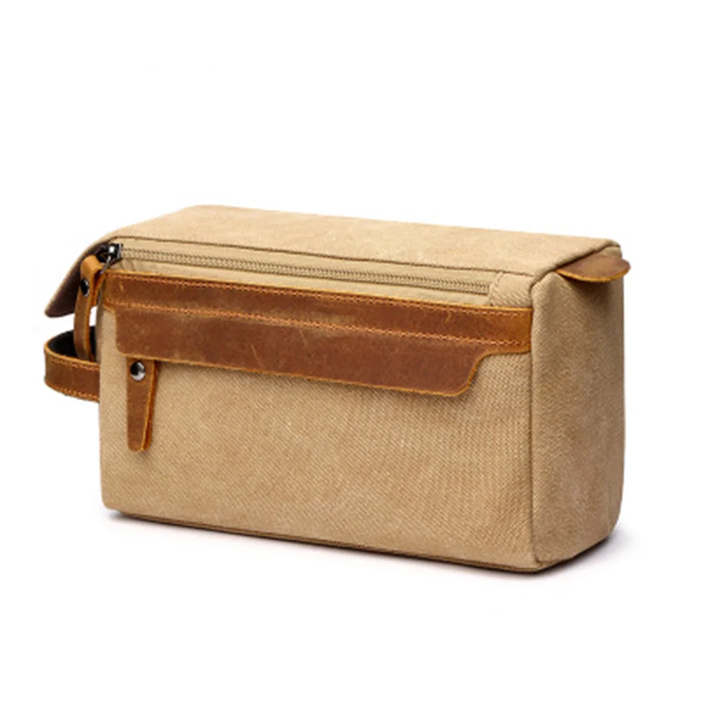 

New Arrival Men Travel Toiletry Bag Canvas Leather Makeup Shaving Storage Pouch with Side Handle Grip