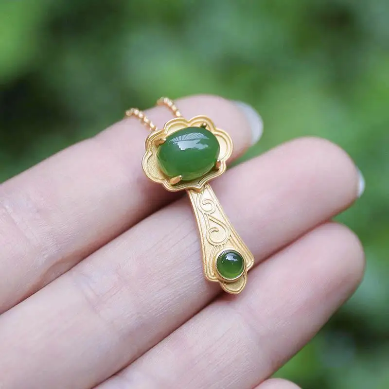 

Natural Hetian Jade Green Jade Ruyi S925 Sterling Silver Pendant Silver Jade Vintage Gilding Craft Silver Necklace