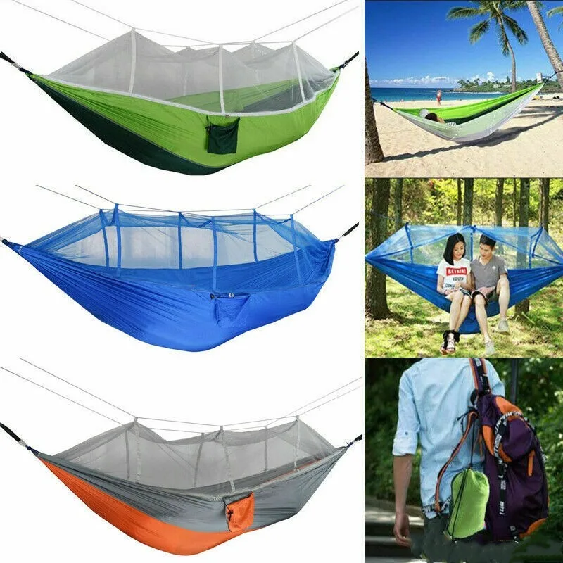 

Dubbele Outdoor Persoon Reizen Camping Opknoping Hangmat Bed W/Klamboe Set Mosquito Net Hammock