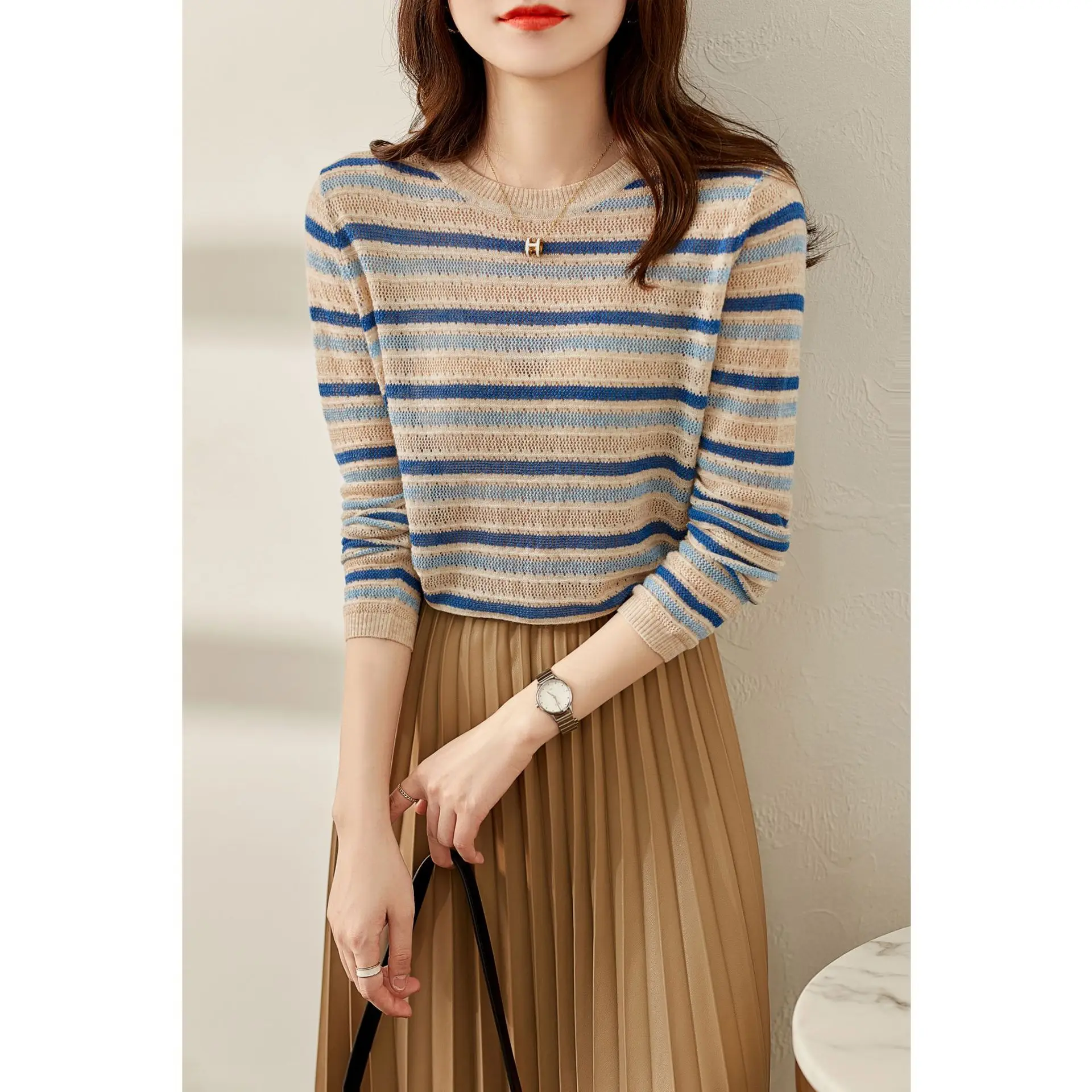 

Autumn Women Stripe Sweater Orange O-Neck Long Sleeves Fashion Ladies Office Versatile Loose Thin Short Knitted Pullovers Female