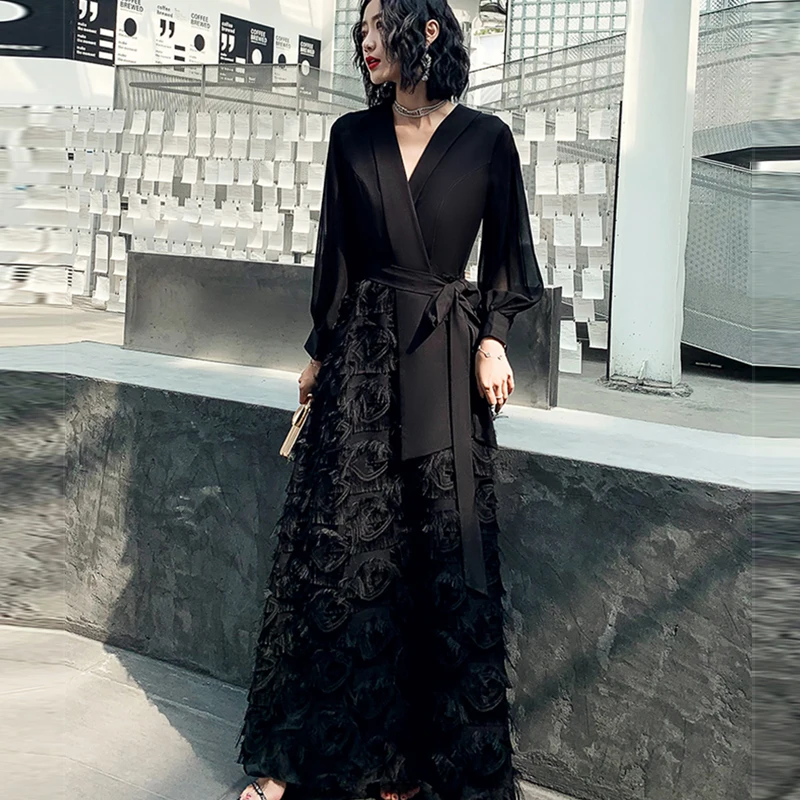 

Fashion Designer Floor-Length Dresses Women Black White Lantern Sleeve Luxury V-Neck Plus Size XXXL Evening Dress