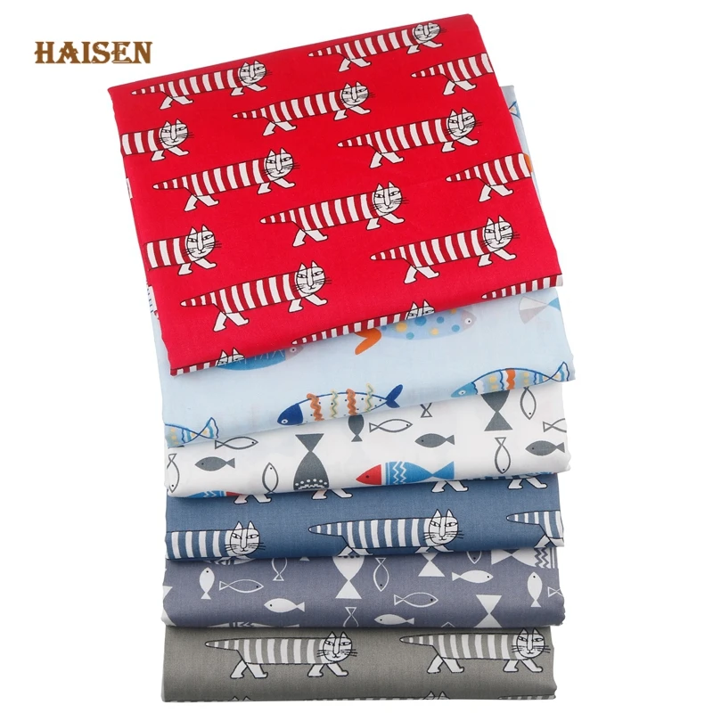 6 шт./лот мультяшная серия Кот и рыба саржевая хлопковая ткань Лоскутная Ткань