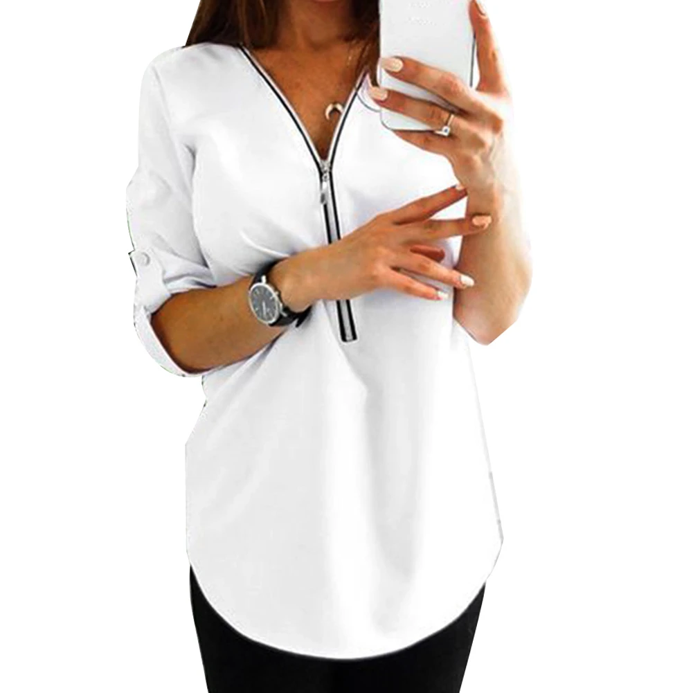 Модная женская футболка Повседневная Однотонная с длинным рукавом на молнии