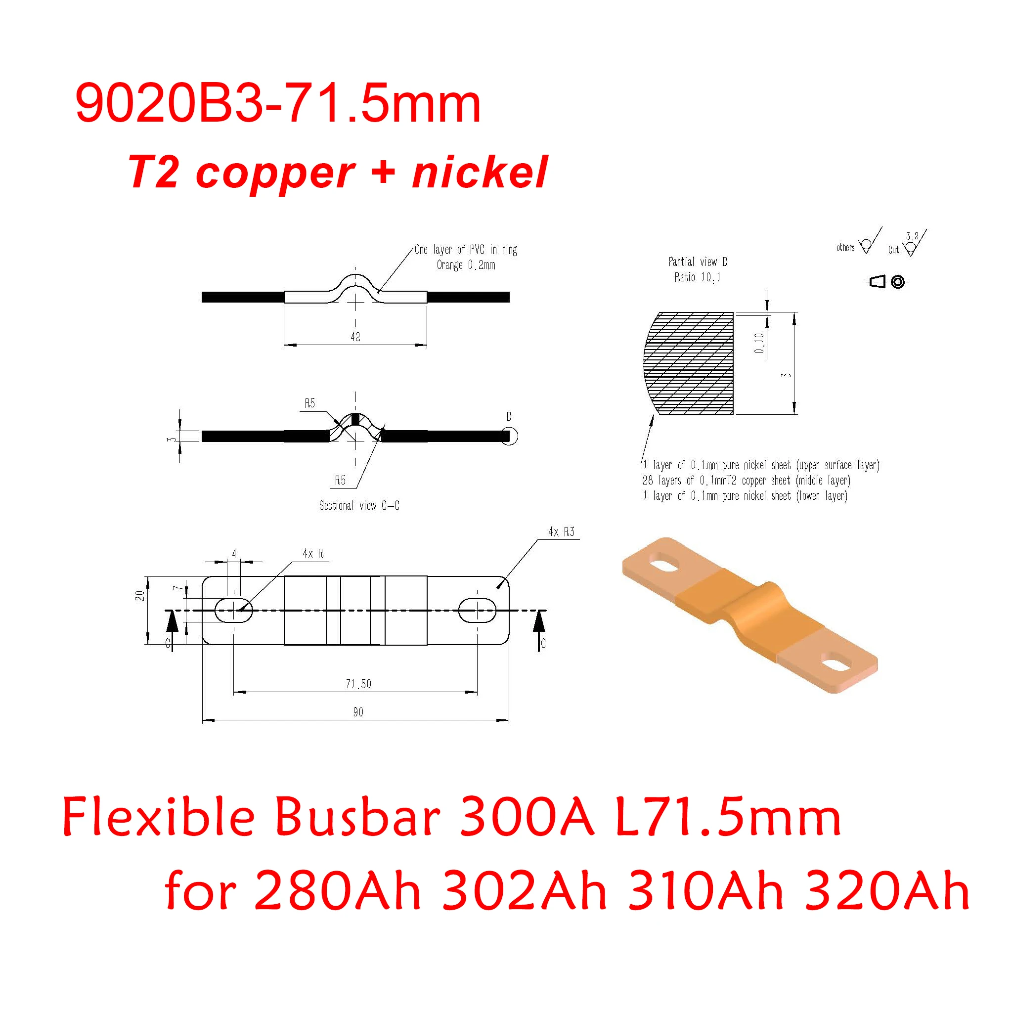 

Flexible Busbar Pure Copper+Nickel Plate Bus bar for Lithium 3.2V Lifepo4 Battery Cell Connector 272Ah 280Ah 300Ah 310Ah 320Ah