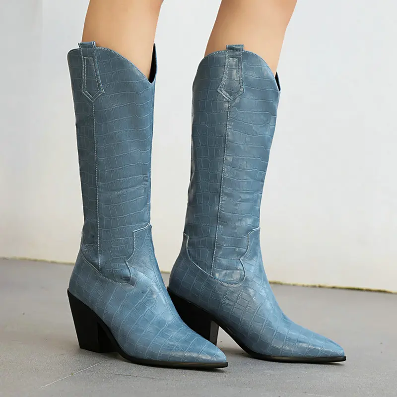 

2021 New Women and Calf High Western Boots Fashion Square Root Pointed High Boots Black White Winter Boots Large Size 34-43