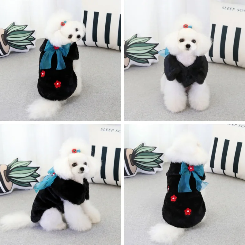 Милая теплая одежда для домашних животных модная с бантом собак на осень и зиму