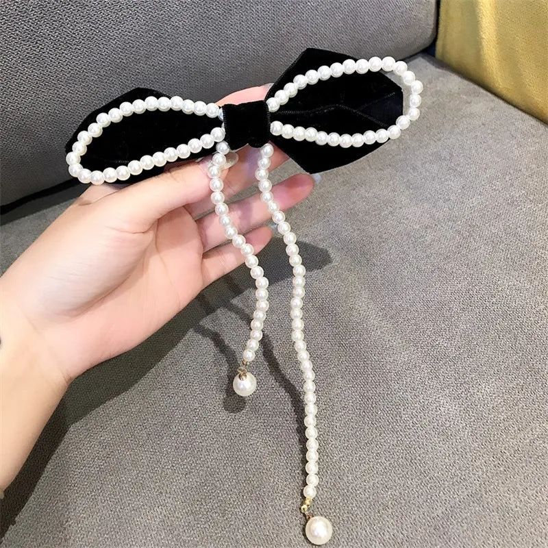 

Женские заколки для волос, черные бархатные заколки с бантом и Жемчужной Лентой, в Корейском стиле, 2021