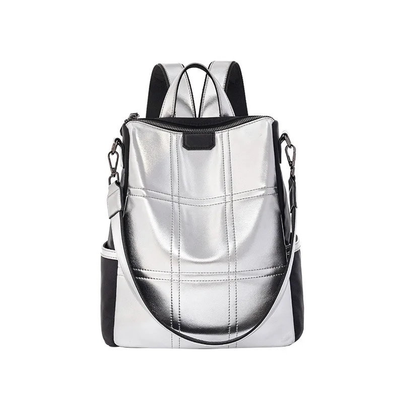 

New Lady's Larger Capacity Casual School Shoulder Bag PU Leather Women Anti-theft Backpack Silver Reflective Travel Backpacks
