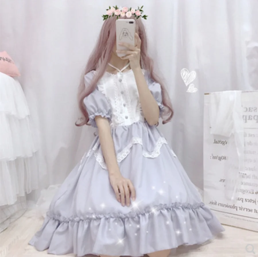 

Japanese sweet lolita summer high waist puff sleeve ruffle dress Daily Soft girl cute kawaii princess temperament dress