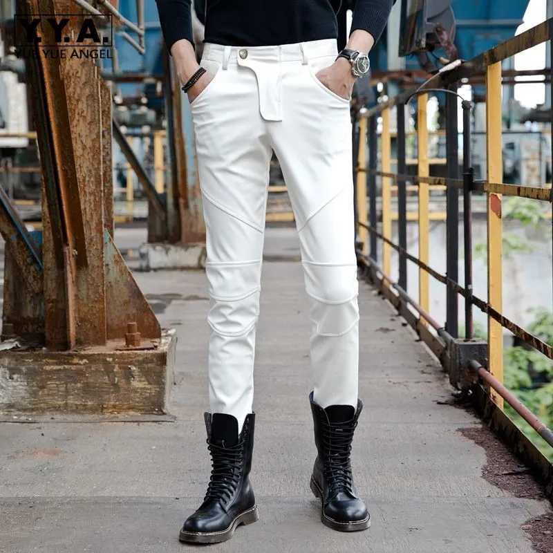 Мужские облегающие брюки из искусственной кожи осенне-зимние длинные с толстой