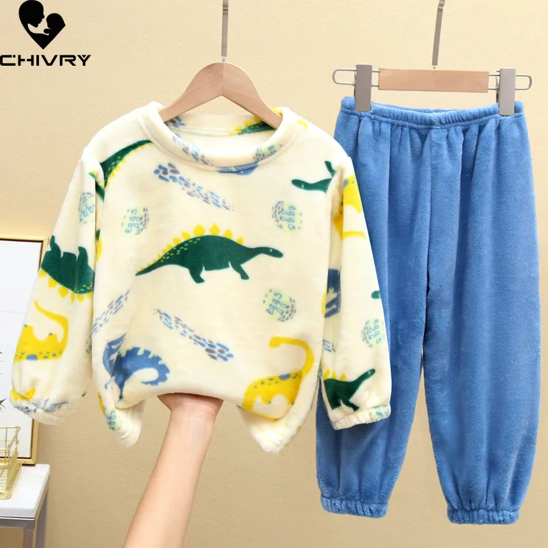 New Autumn Winter Kids Boys Girls Warm Flannel Pajamas Sets Cartoon Long Sleeve O-neck Tops with Pants Sleeping Clothing Set