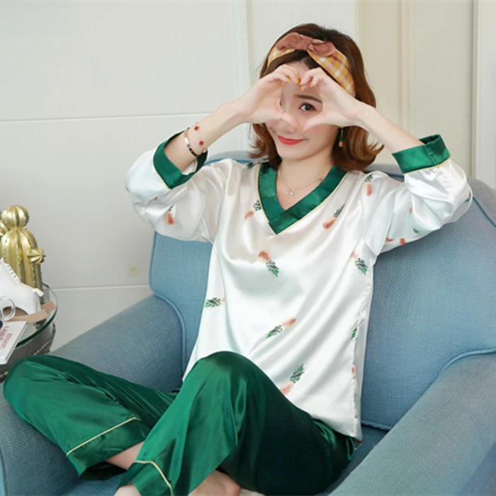 2019 осенние женские пижамные комплекты с принтом длинными рукавами атласное