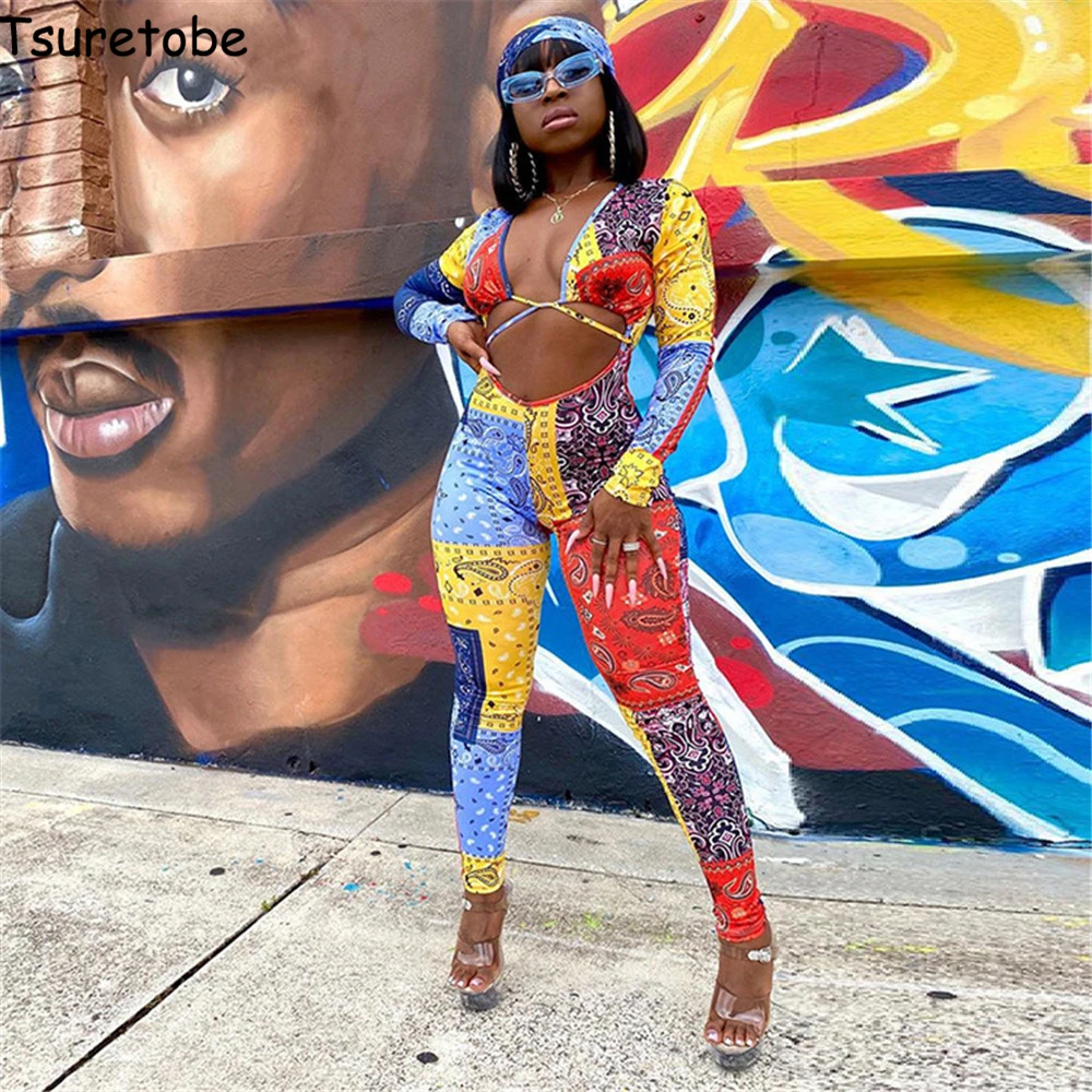 

Бандана Tsuretobe с принтом женский сексуальный бандажный слитный наряд женский открытый комбинезон с длинным рукавом Клубные наряды для женщи...