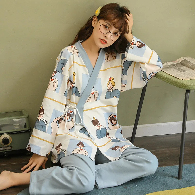 

Japanese Kimono Pajamas Set Japan Yukata Top Trousers Set Kawaii Print Nightgown Street Wear Anime Cotton Linen Summer Homewear