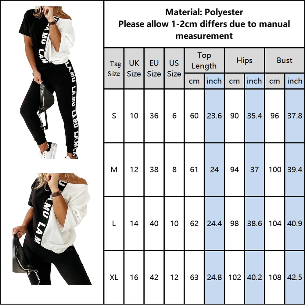 

Women Short Sleeve Suits Patchwork Sports Wear O Neck Top Casual Letter Print Pants 2Pcs Sweatsuit D25