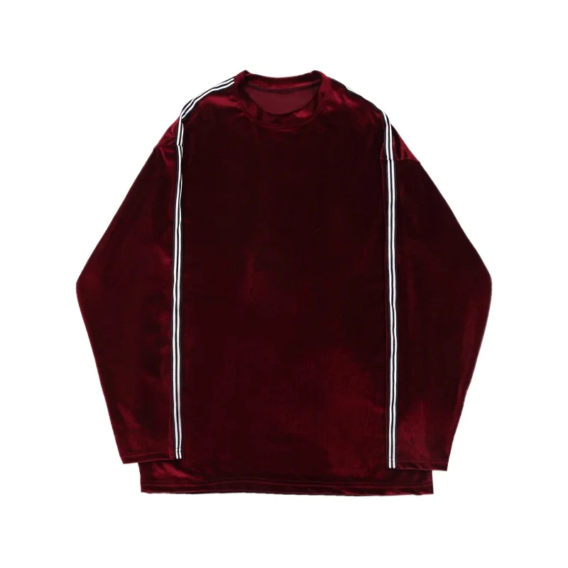 

Men O-neck Velvet T Shirt Male Women Long Sleeve Stripe Splice Loose Streetwear Hip Hop Fashion Bottom Tshirt Tees Shirts