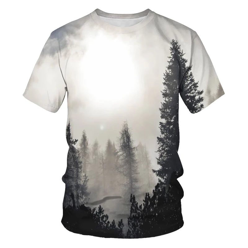 

New style photography pastoral landscape tree 3D printing men's summer short-sleeved T-shirt casual oversized T-shirt for men