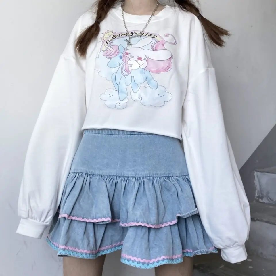 

Summer Y2k Korean Fashion Women Skirt High Waist Denim Puffy Short Japanese Style Cute Ruffle Cake Female Student Mini Skirts