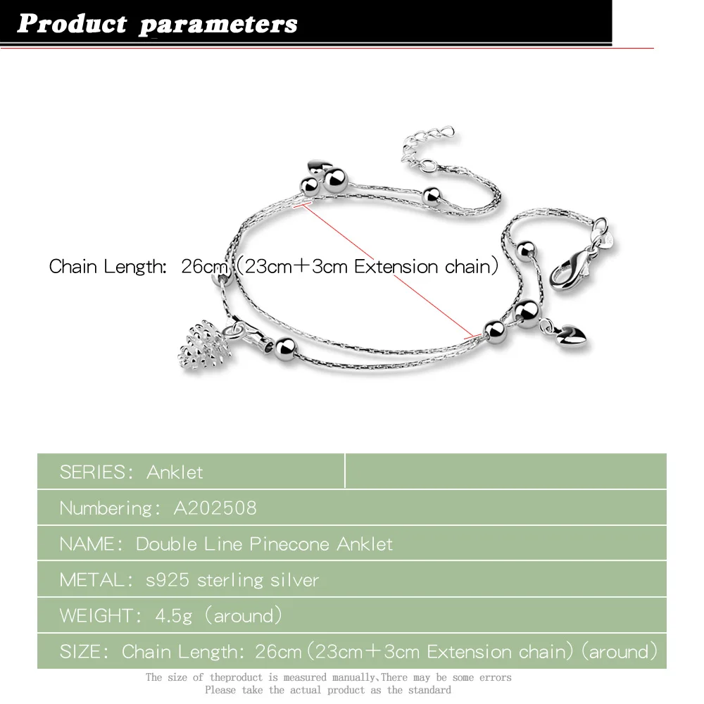 Летние 925 стерлингового серебра браслеты цепочки 26 см творческий сосновые шишки