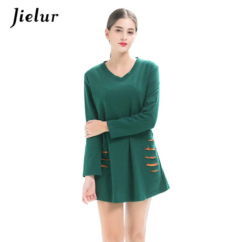 Женская футболка с V-образным вырезом длинным рукавом и дырками | одежда