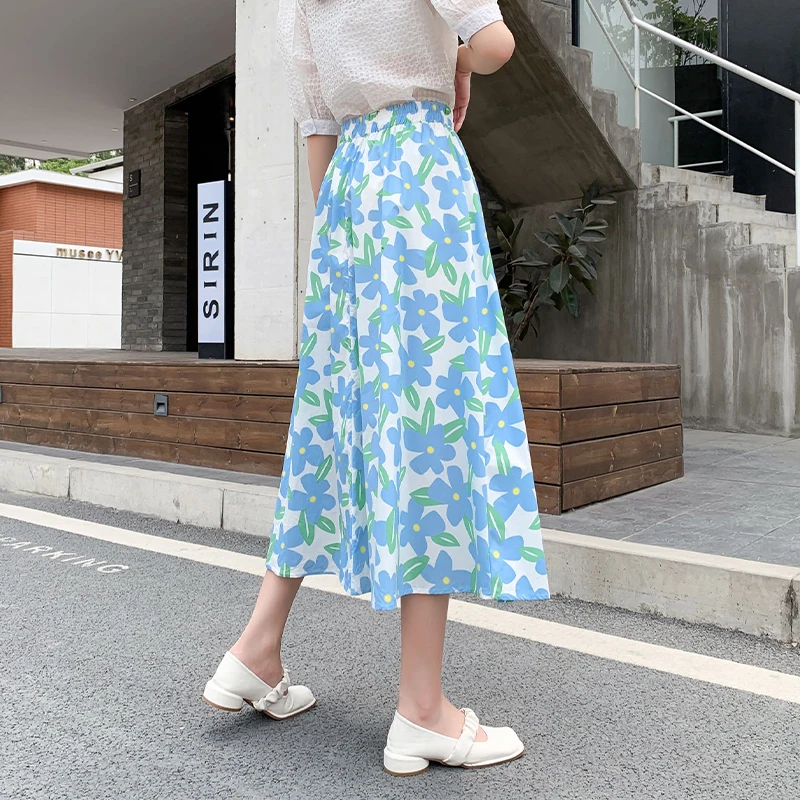 

Summer Ladies Skirts Fashion Korean Style High Waist Casual Floral Print Swing Midi Skirt Elegant Retro Faldas Mujer Moda 2021