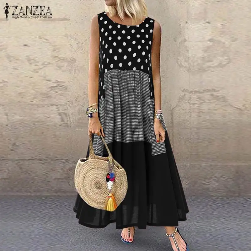 ZANZEA 2021 Summer Sundress Women Bohemian Printed Vest Dress Female Sleeveless Pacthwork Long Vestido Robe Femininas Sarafans | Женская