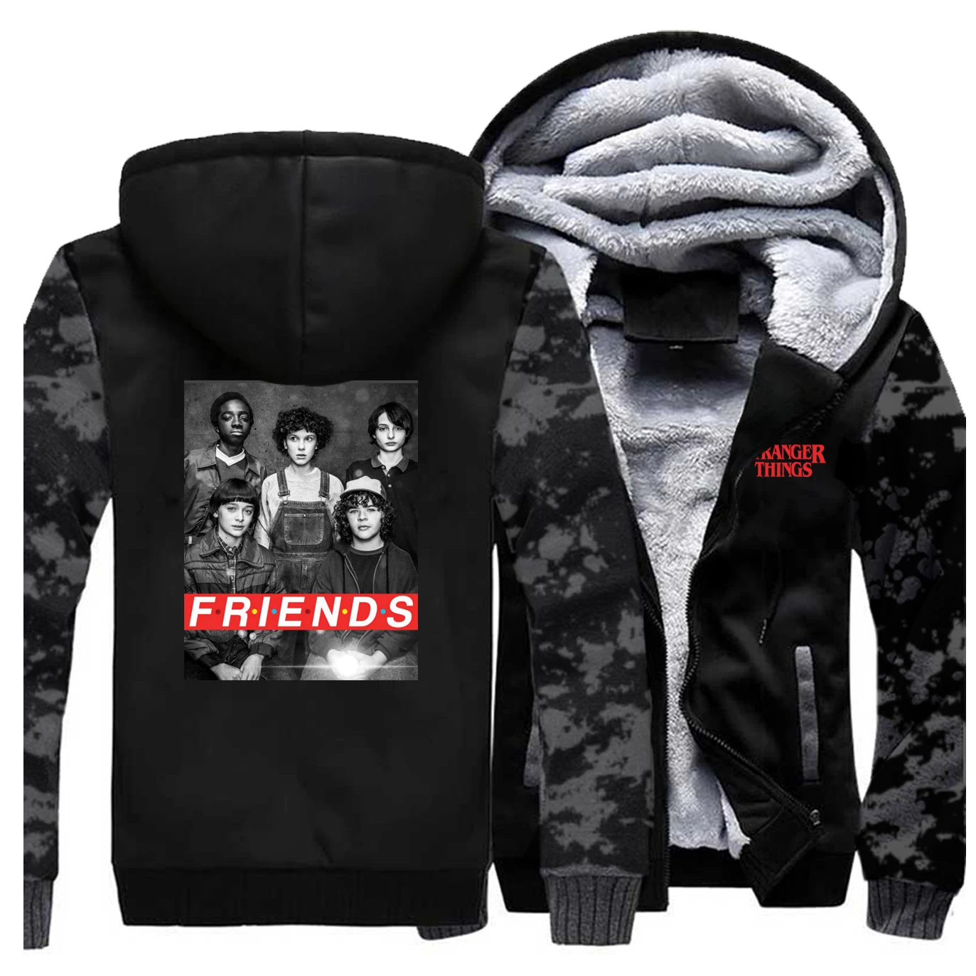 

Winter 2019 Hot Sale Stranger Things Friends Retro Print Coat Thick Mens Hoodie Zipper Streetwear Sweatshirt Raglan Man Fashion