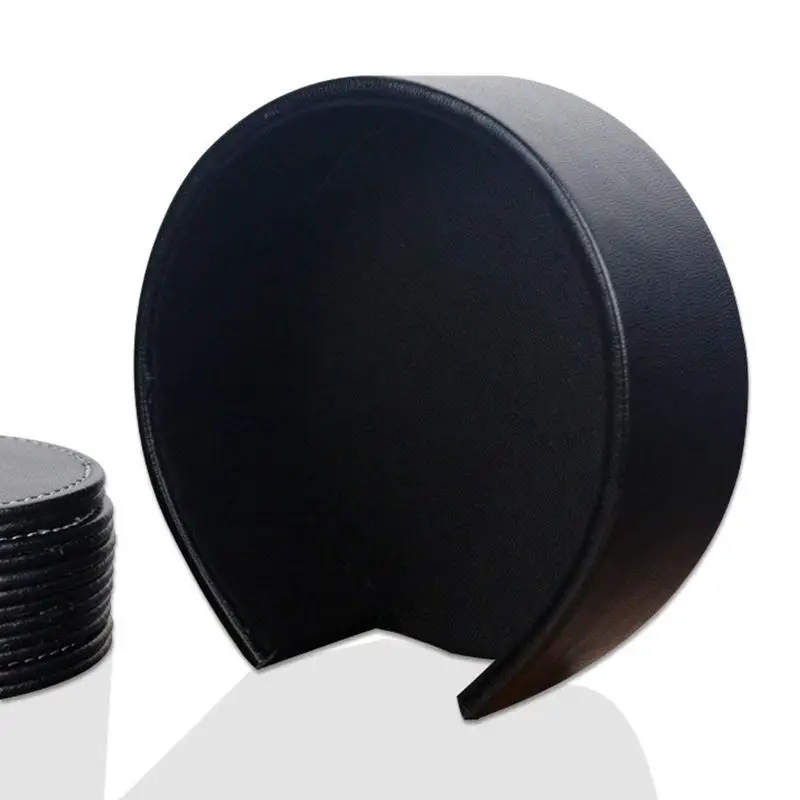 

Set of 6 Leather Drink Coasters Round Cup Mat Pad for Home and Kitchen Use Black
