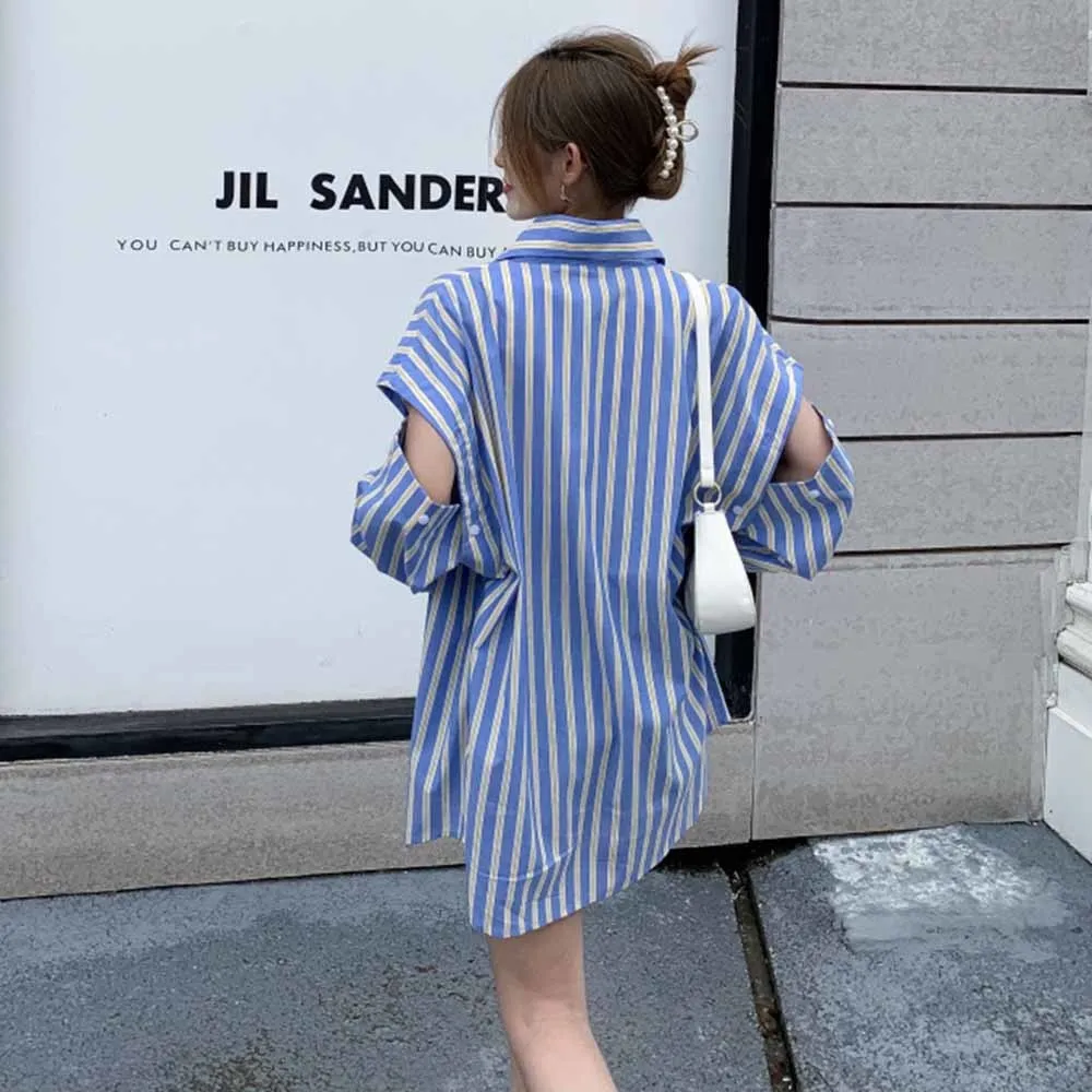 

2021 New Casual Spring Autumn Fashion Casual Long Sleeve Loose Blue White Stripe Shirt Women's