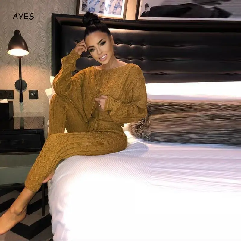 

2 Piece Knitted Set Women Knitted Two Piece Women Sets Woolen Sweater Sets Autumn Winter Sweater Pants Solid Female Suit 2020