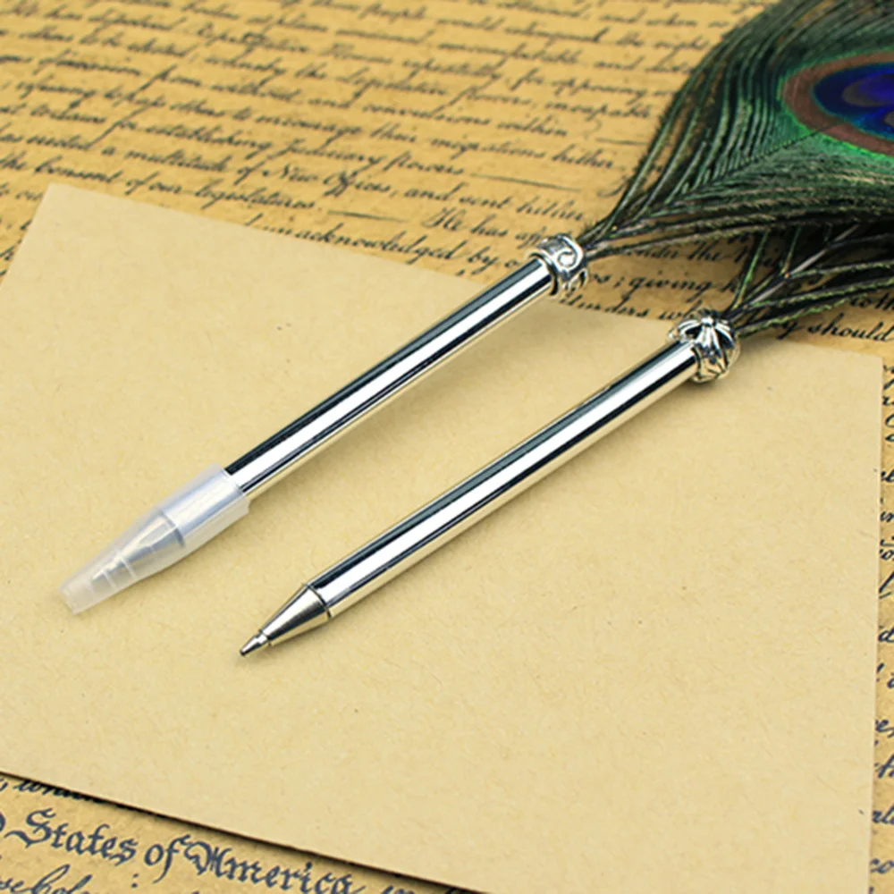 

2 Pcs Feather Ballpoint Pen Vintage Writing Pen Eyes Pen Novelty Stationery School Office Supplies - 30x8cm (Bla