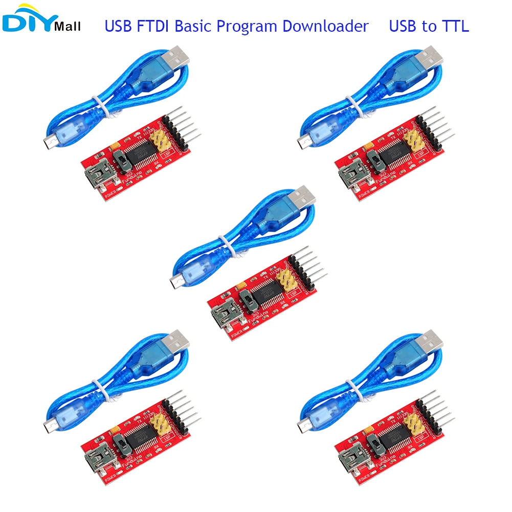 

5PCS USB FTDI Basic Program Downloader 6P 5V 3.3V USB to TTL Serial Adapter Module FT232+USB Cable for Arduino