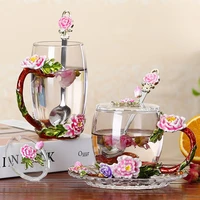 enamel glass cup peony flower tea cup european heat resistant crystal glass cup luxuriant coffee mug with spoon lid tray