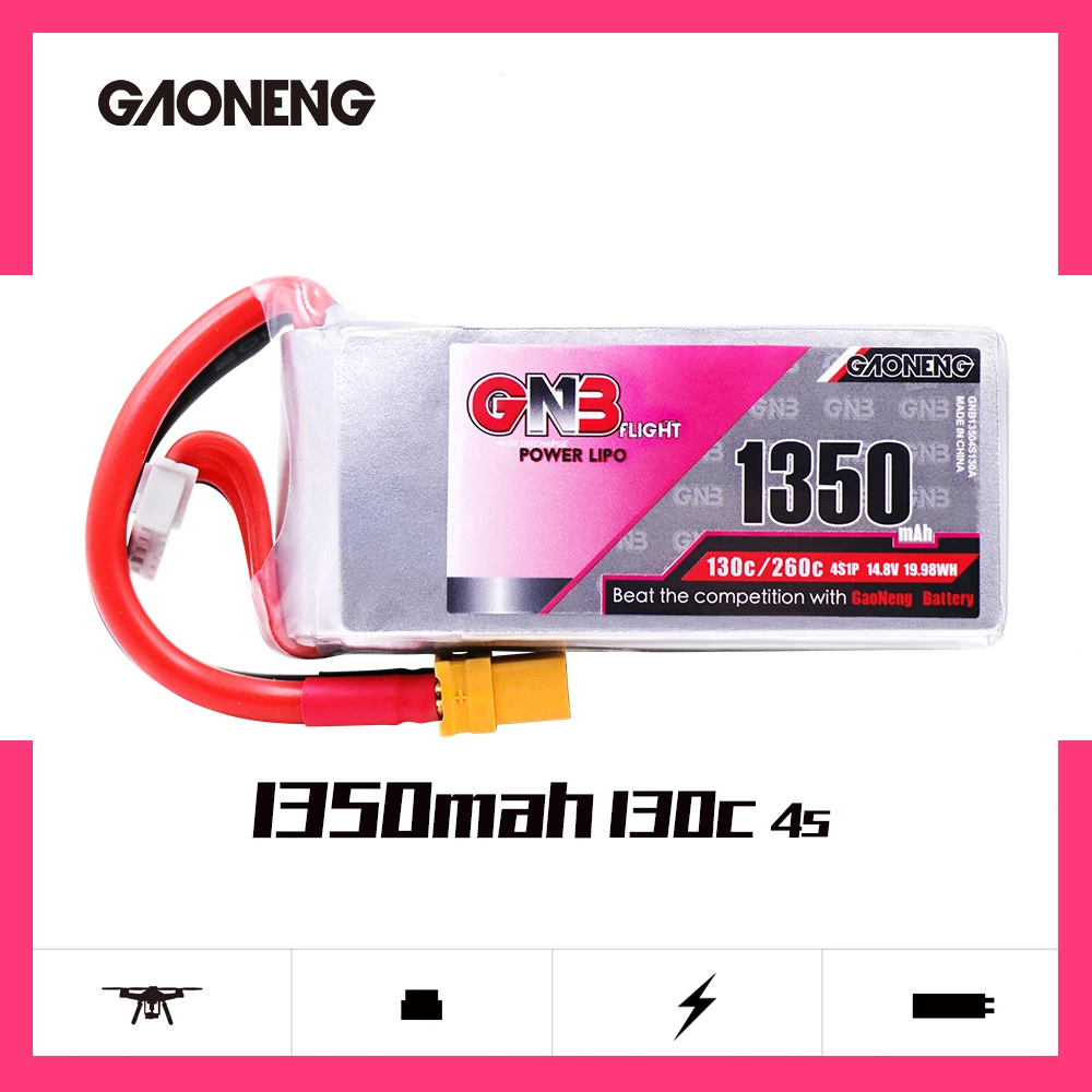

Gaoneng GNB 1350mAh 14.8V 4S1P 130C/260C Lipo Battery XT60 Plug For 250 size 3D FPV Racing Drone Quadcopter Multirotor Parts