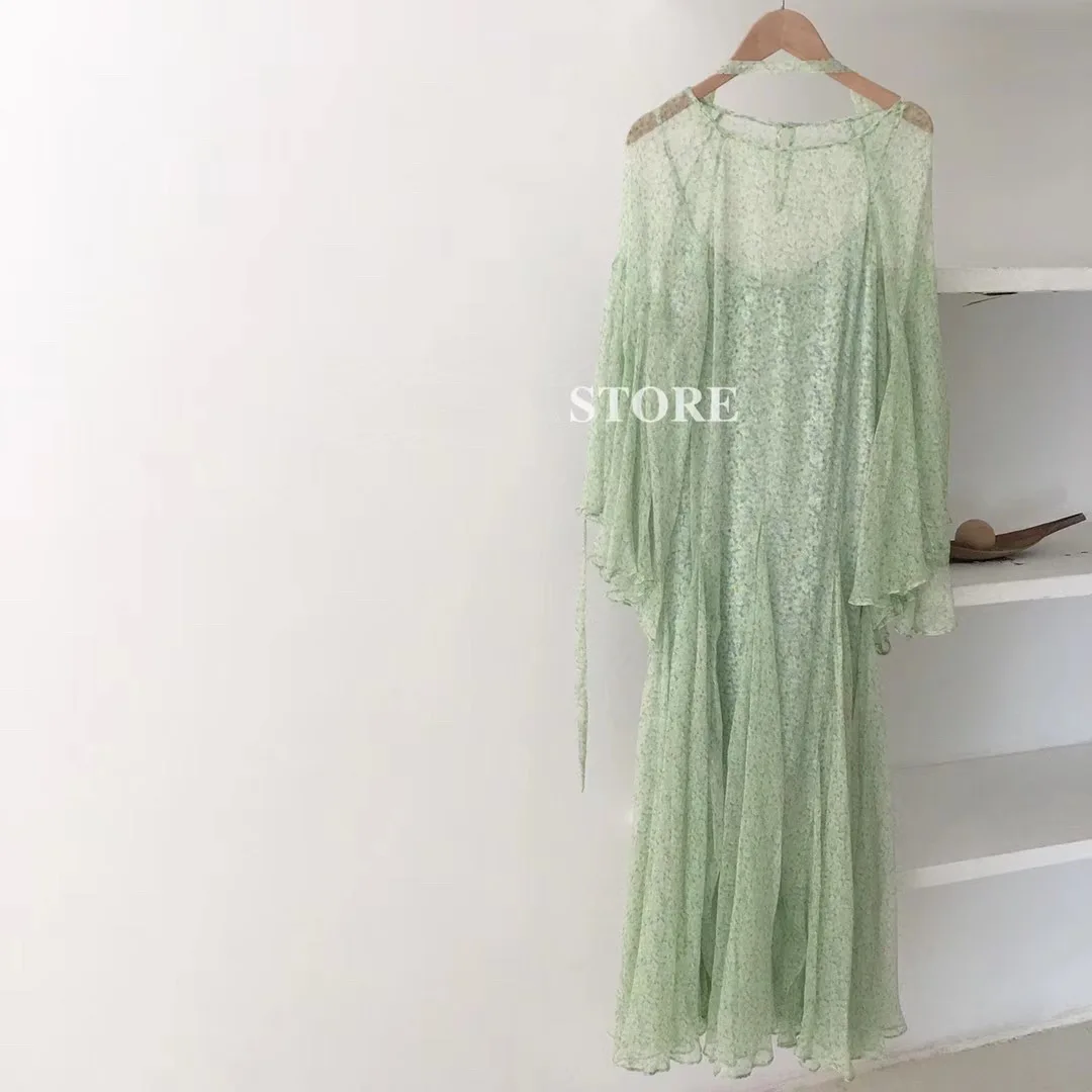 

Шифоновое праздничное платье super fire ins, зеленое платье с поясом на весну и лето, 20 лет