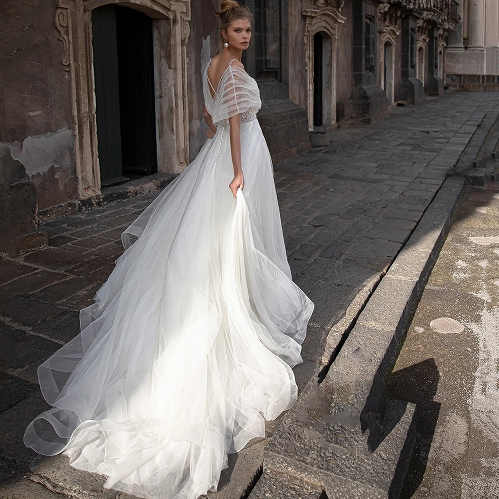 

Ivory A-Line Tulle Wedding Dress Sweetheart Spagetti Beading Straps Pleated Sweep Train 2021 Bride Gowns Vestido De Noiva