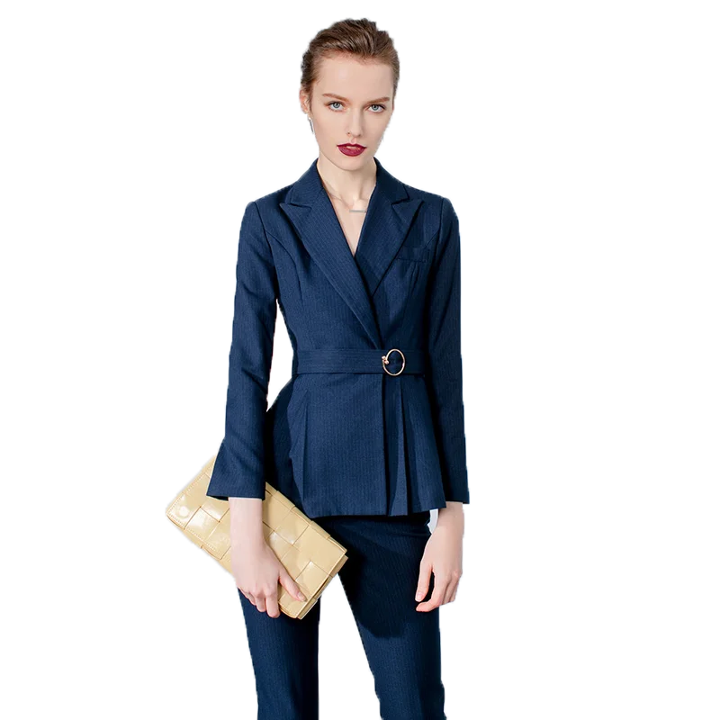 

Spring flouncing temperament high-end business wear navy blue striped suit women's sense of British style suit